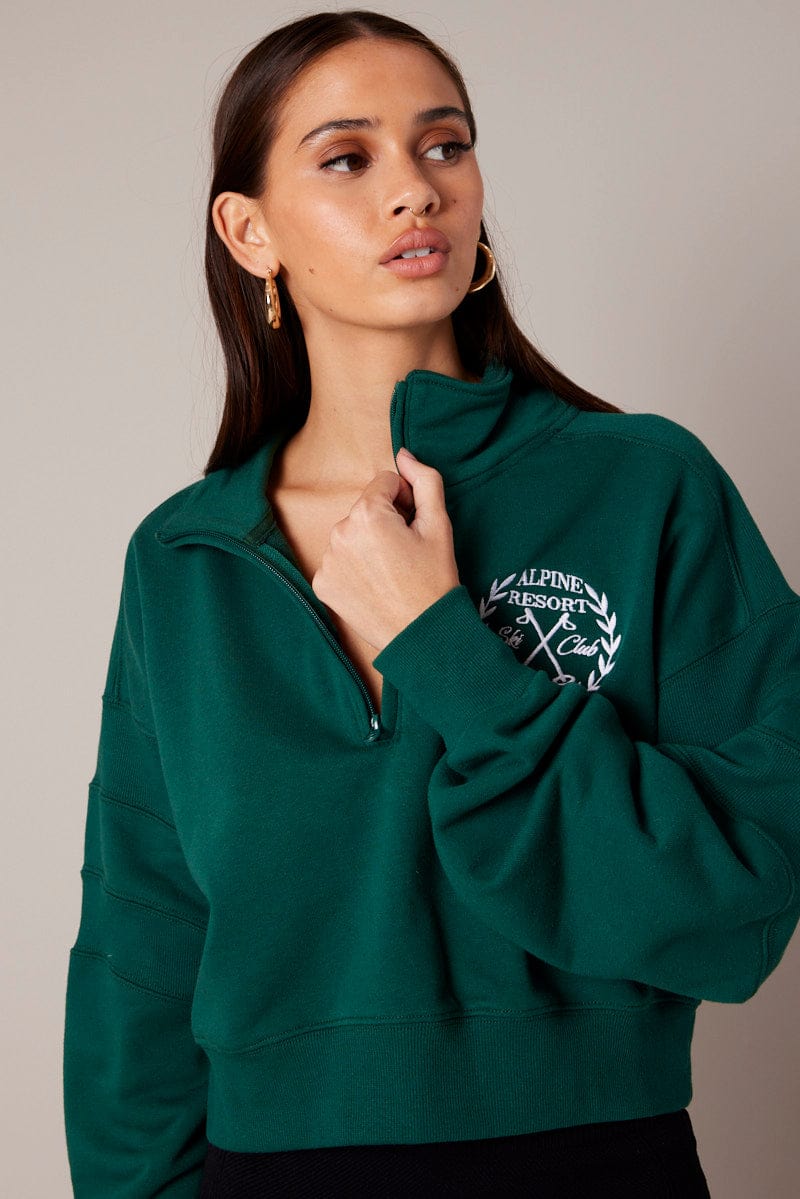 Green Zip Up Sweater Crop Long Sleeve High Neck for Ally Fashion