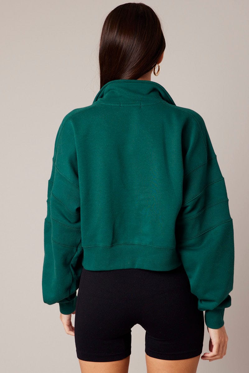 Green Zip Up Sweater Crop Long Sleeve High Neck for Ally Fashion