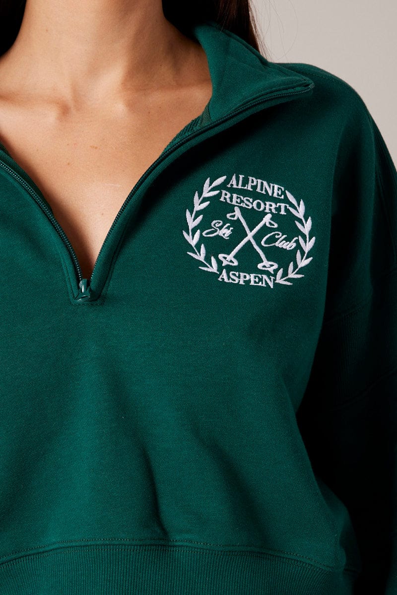 Green Zip Up Sweater Crop Long Sleeve High Neck for Ally Fashion