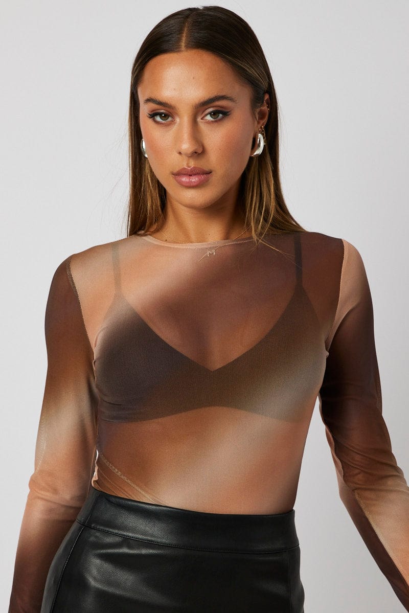 Brown Abstract Mesh Bodysuit Long Sleeve for Ally Fashion