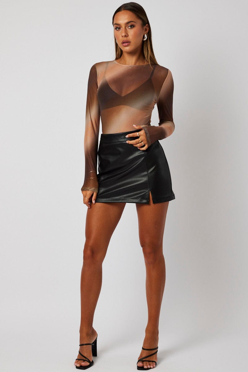 Brown Abstract Mesh Bodysuit Long Sleeve for Ally Fashion