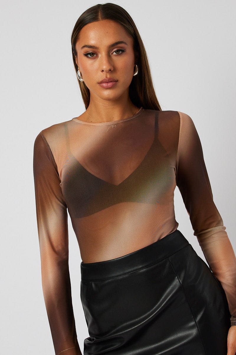 Brown Abstract Mesh Bodysuit Long Sleeve for Ally Fashion