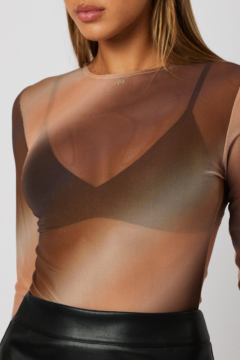 Brown Abstract Mesh Bodysuit Long Sleeve for Ally Fashion