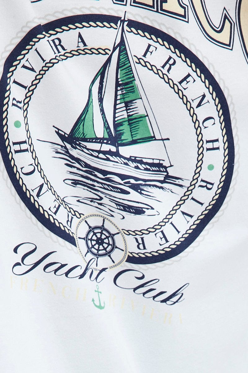 White Print Graphic Tee Monaco Yacht Club Slogan T-shirt for Ally Fashion