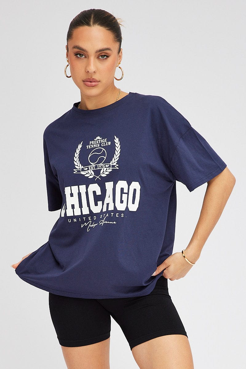 Plus Navy Chicago Oversized Graphic T Shirt