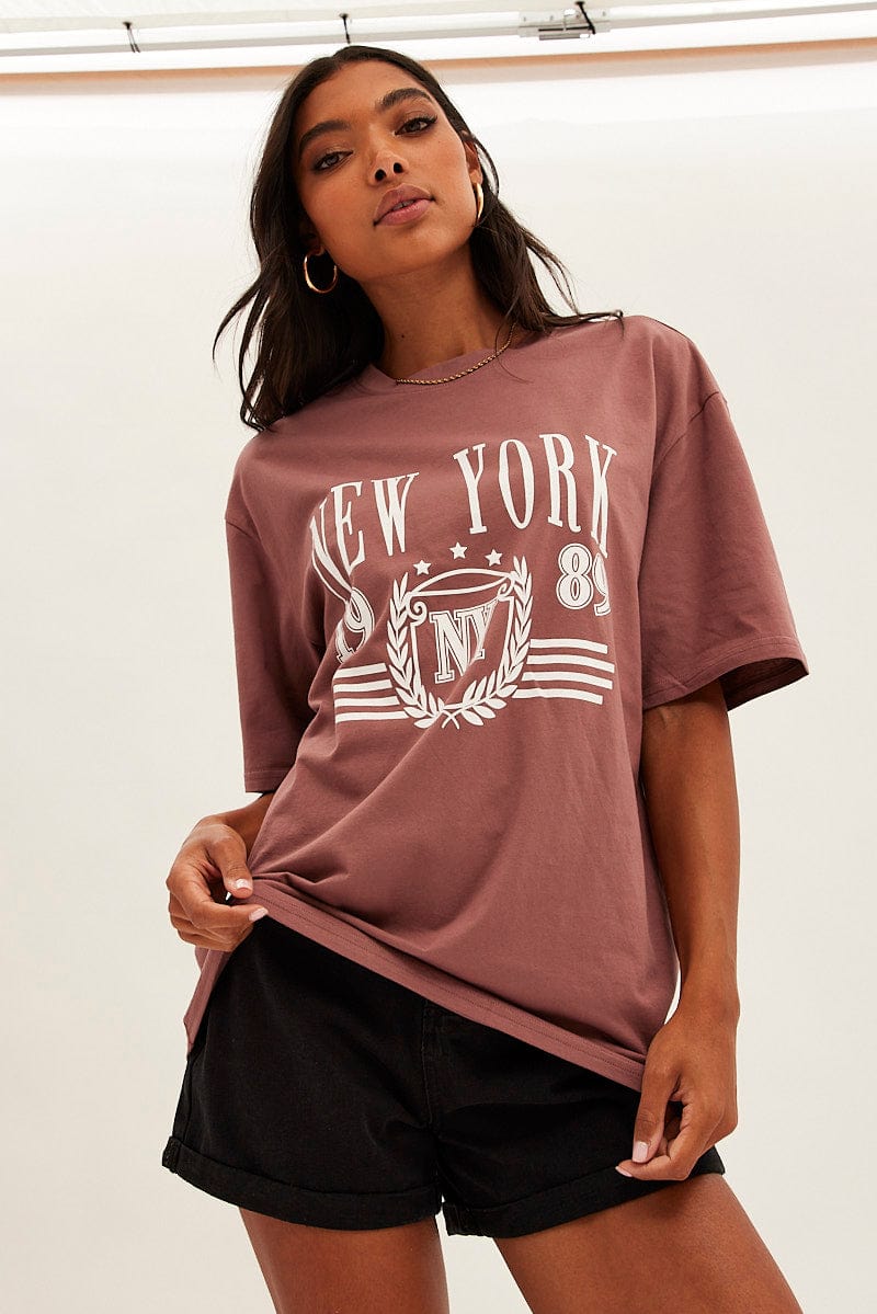 Brown T Shirt Short Sleeve Crew Neck New York Cotton for Ally Fashion