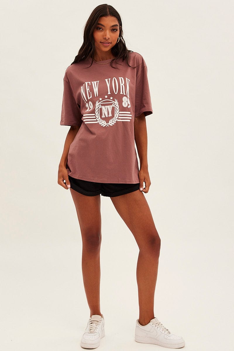 Brown T Shirt Short Sleeve Crew Neck New York Cotton for Ally Fashion