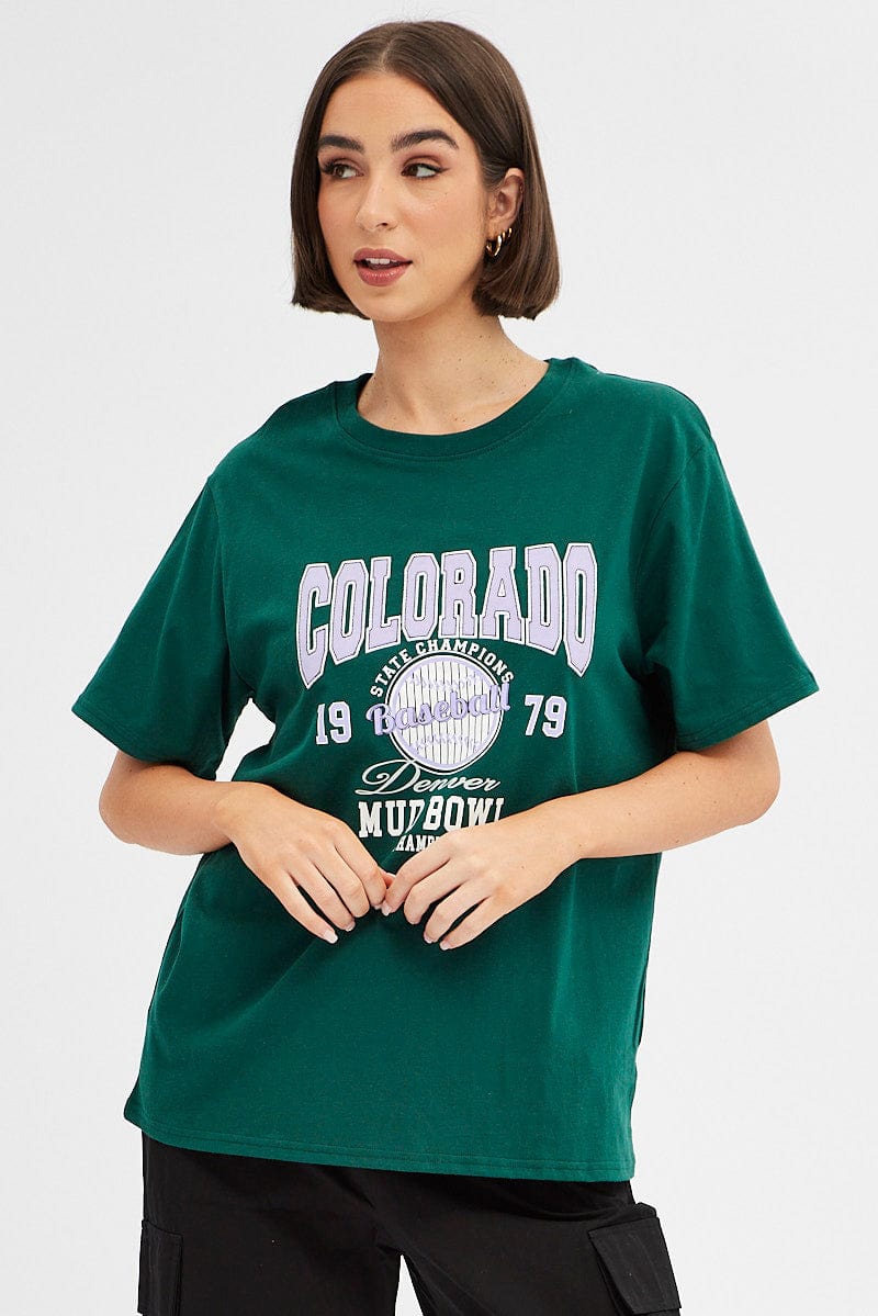 Green Tee Round Neck Short Sleeve Graphic Print for Ally Fashion