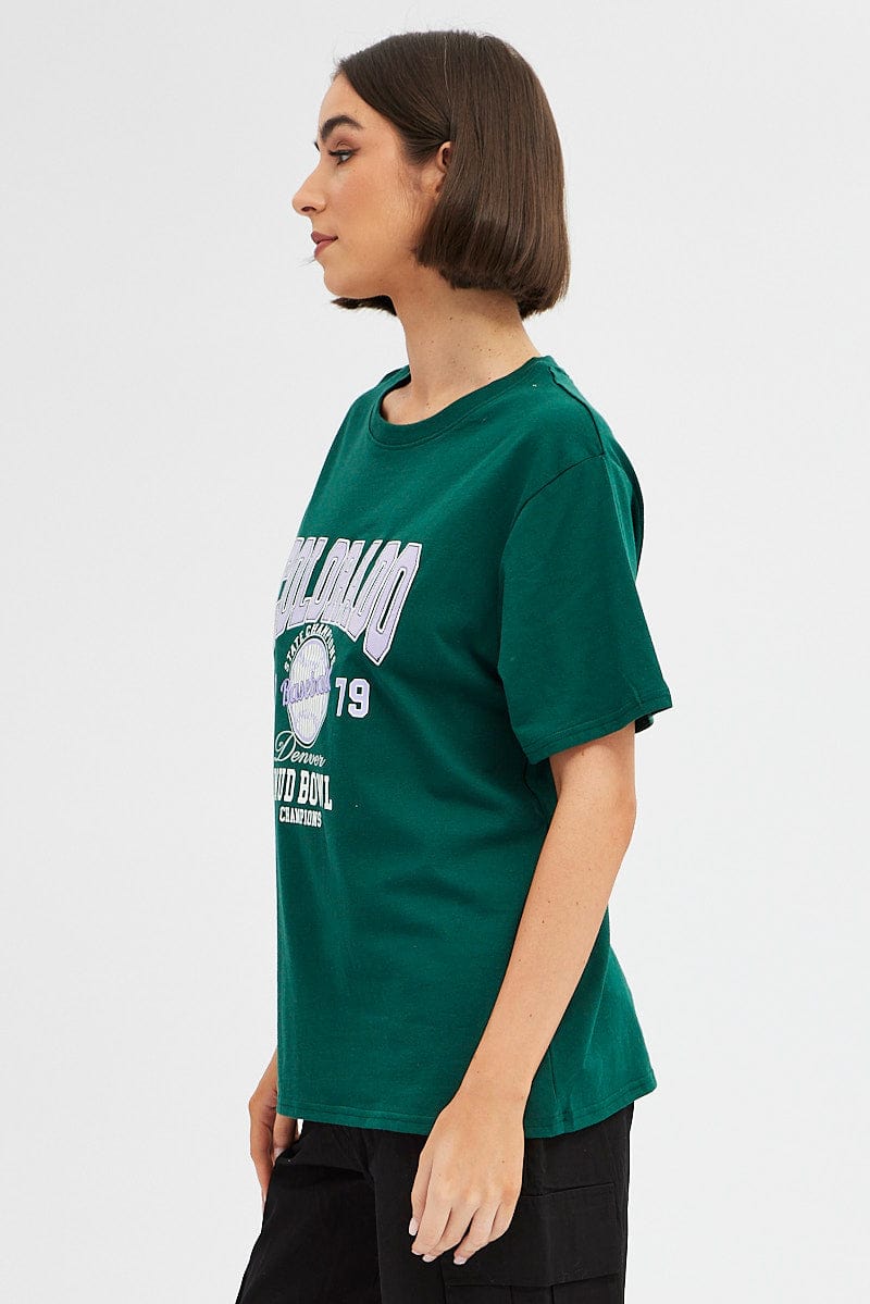 Green Tee Round Neck Short Sleeve Graphic Print for Ally Fashion