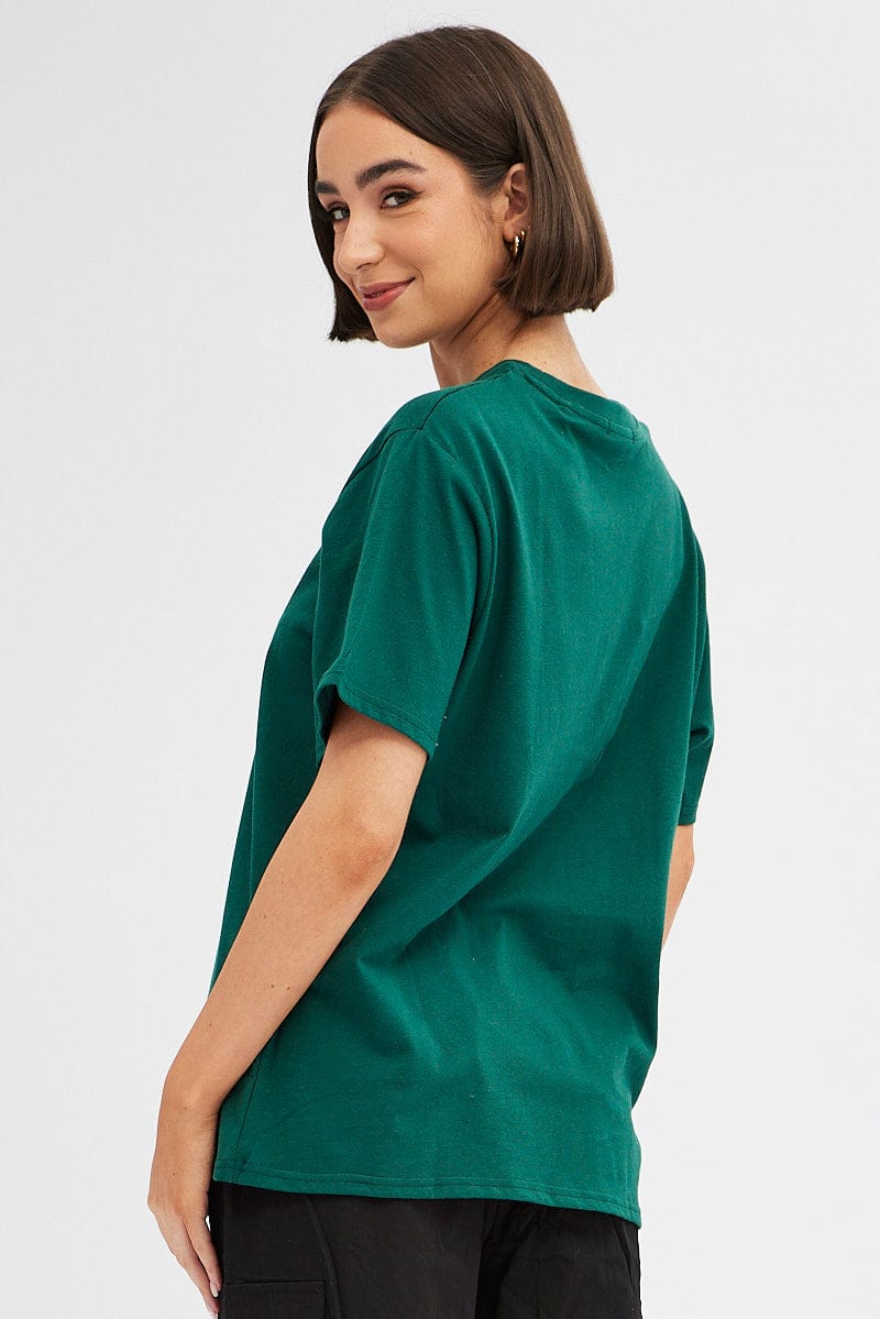 Green Tee Round Neck Short Sleeve Graphic Print for Ally Fashion