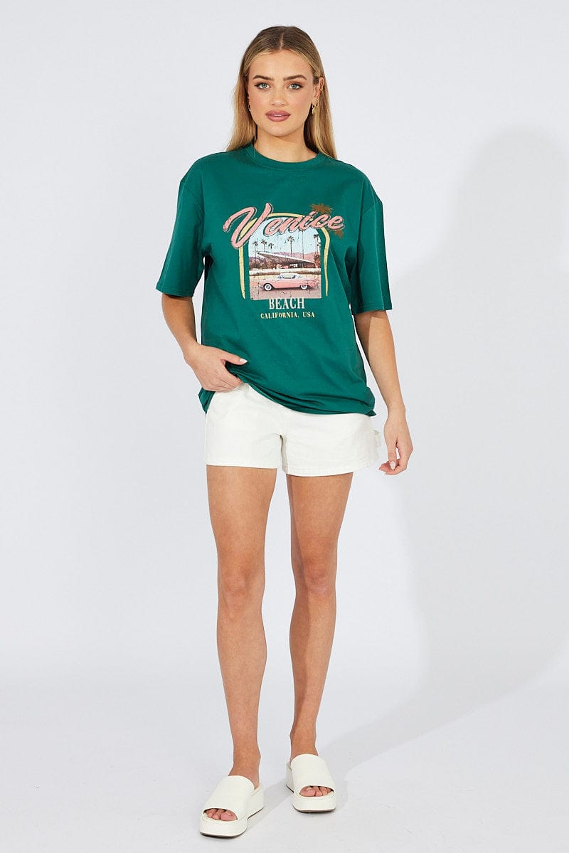 Green T Shirt Short Sleeve Crew Neck Venice Beach Cotton for Ally Fashion