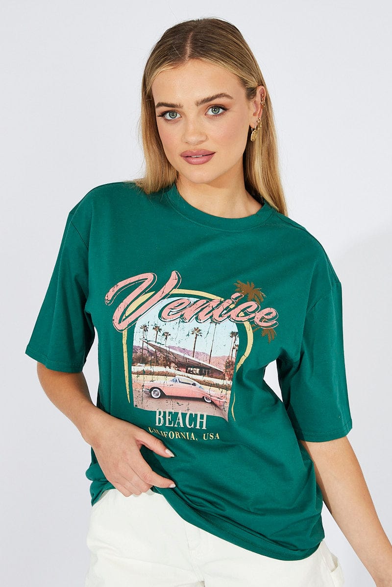 Green T Shirt Short Sleeve Crew Neck Venice Beach Cotton for Ally Fashion
