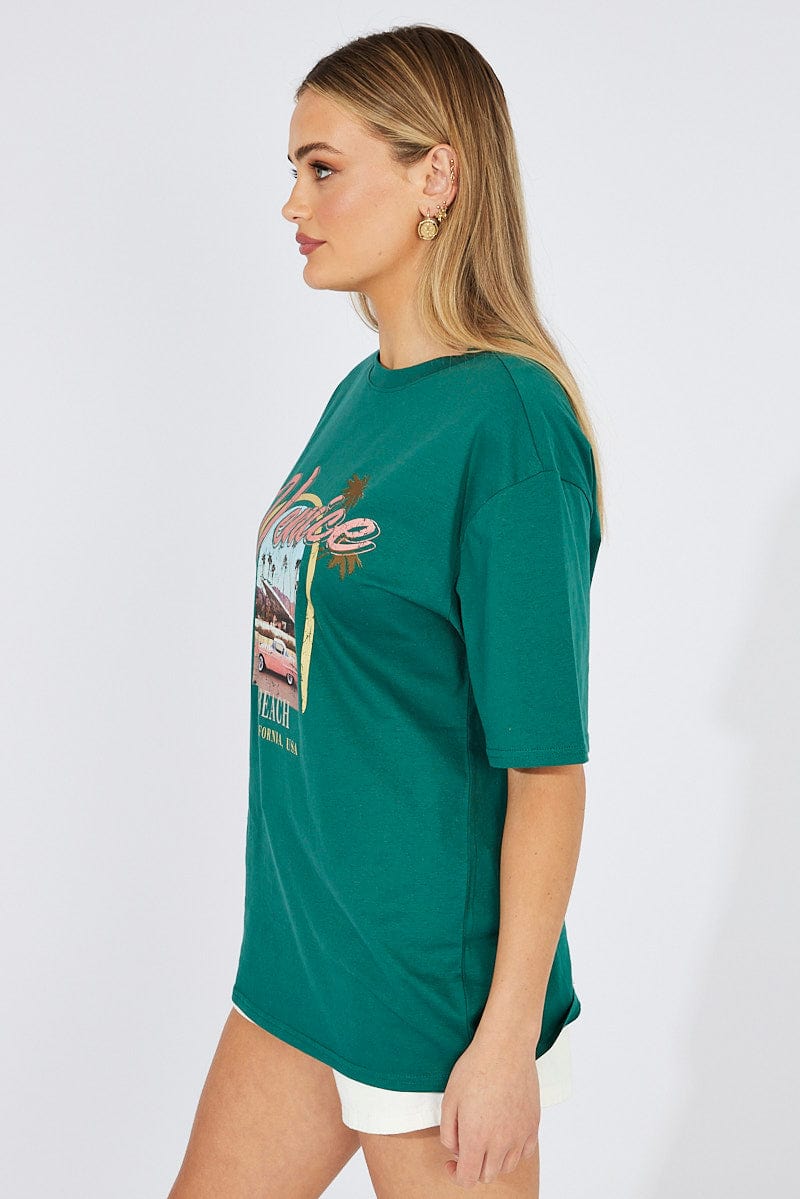 Green T Shirt Short Sleeve Crew Neck Venice Beach Cotton for Ally Fashion