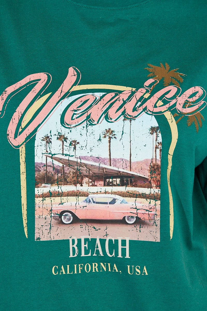 Green T Shirt Short Sleeve Crew Neck Venice Beach Cotton for Ally Fashion