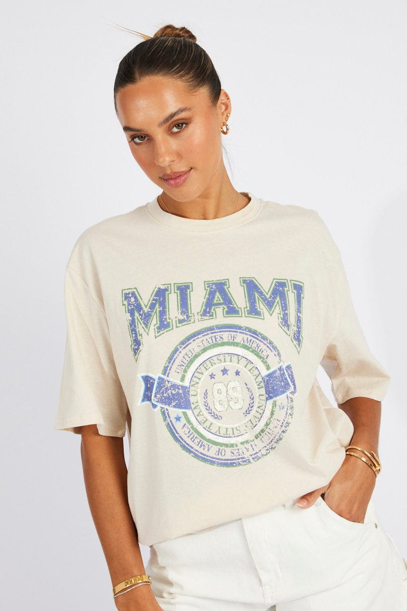 Beige Graphic Tee Short Sleeve for Ally Fashion
