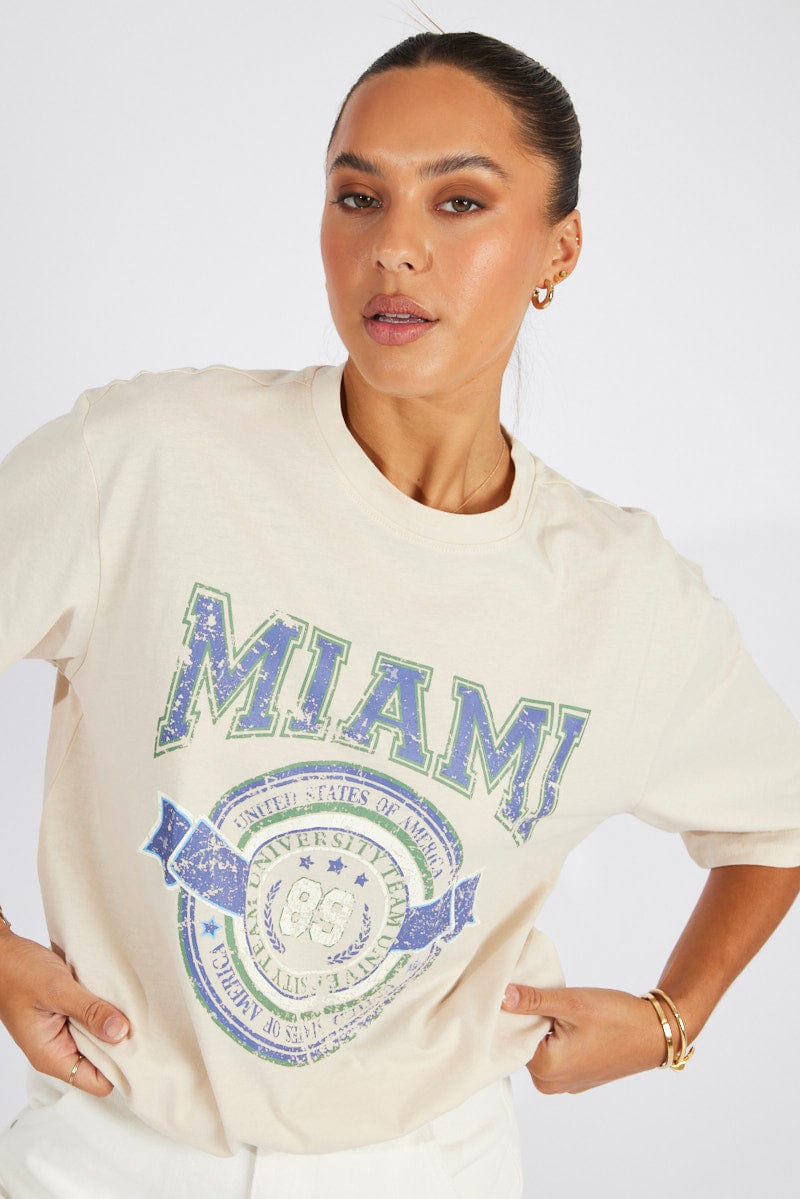 Beige Graphic Tee Short Sleeve for Ally Fashion