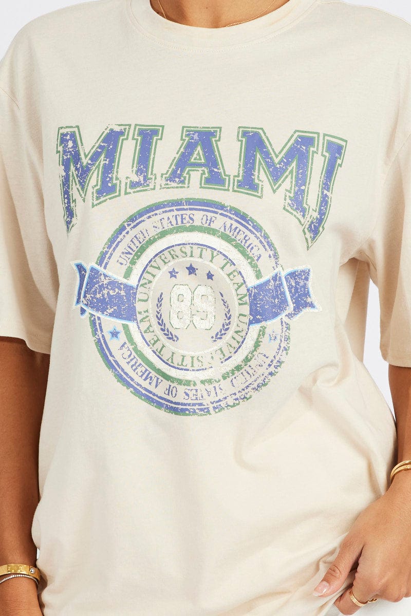 Beige Graphic Tee Short Sleeve for Ally Fashion
