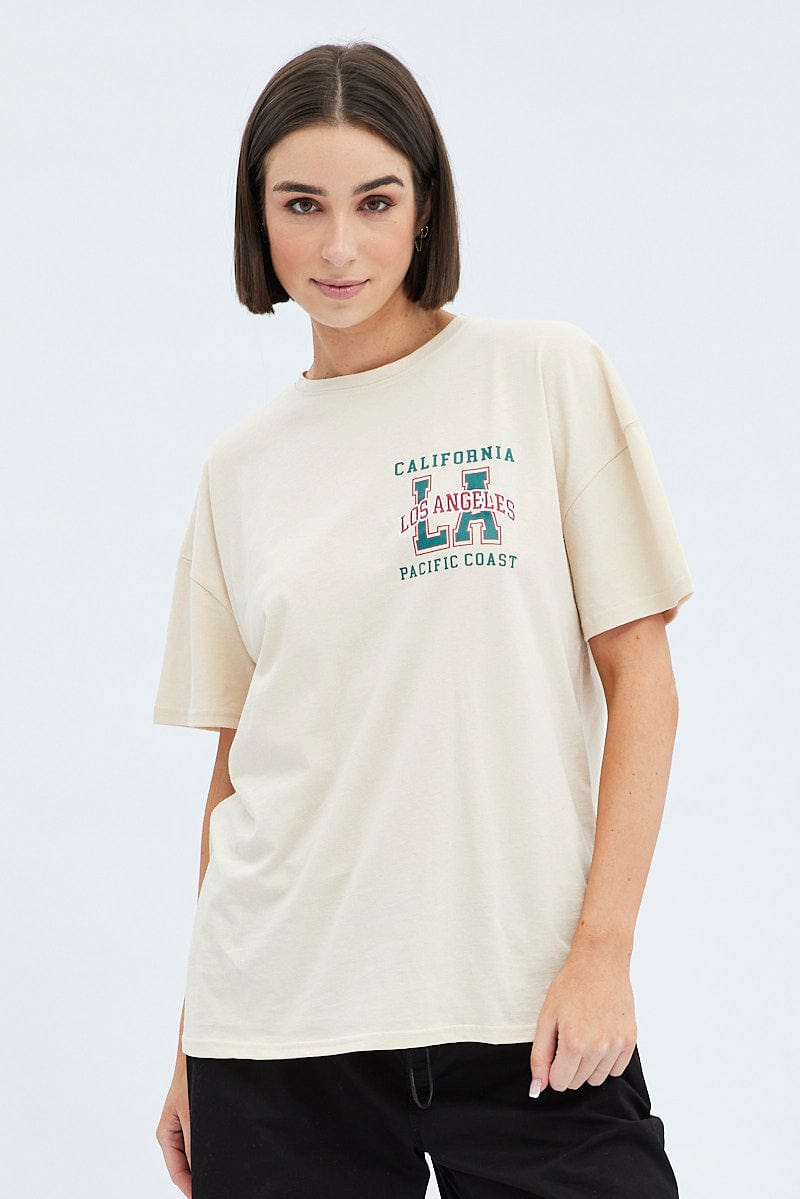 Camel Tee Round Neck Short Sleeve Graphic Cotton for Ally Fashion