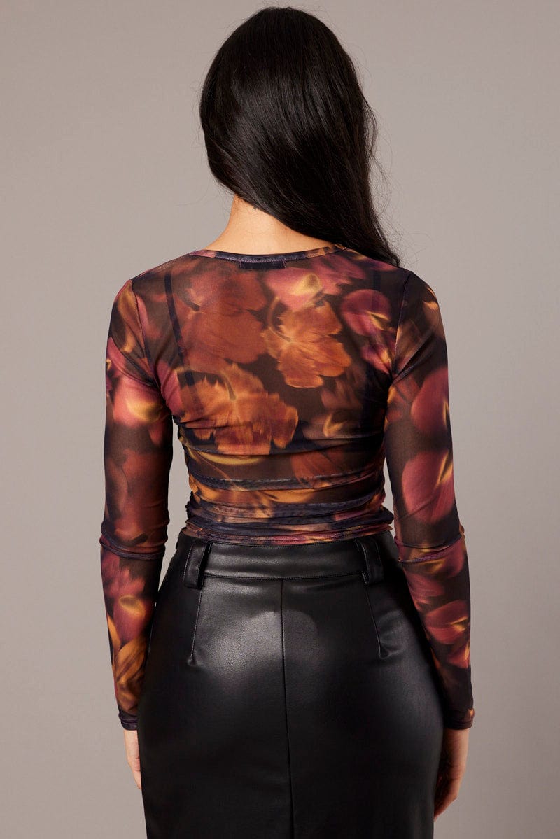 Multi Floral Mesh Top Long Sleeve Side Rushed for Ally Fashion
