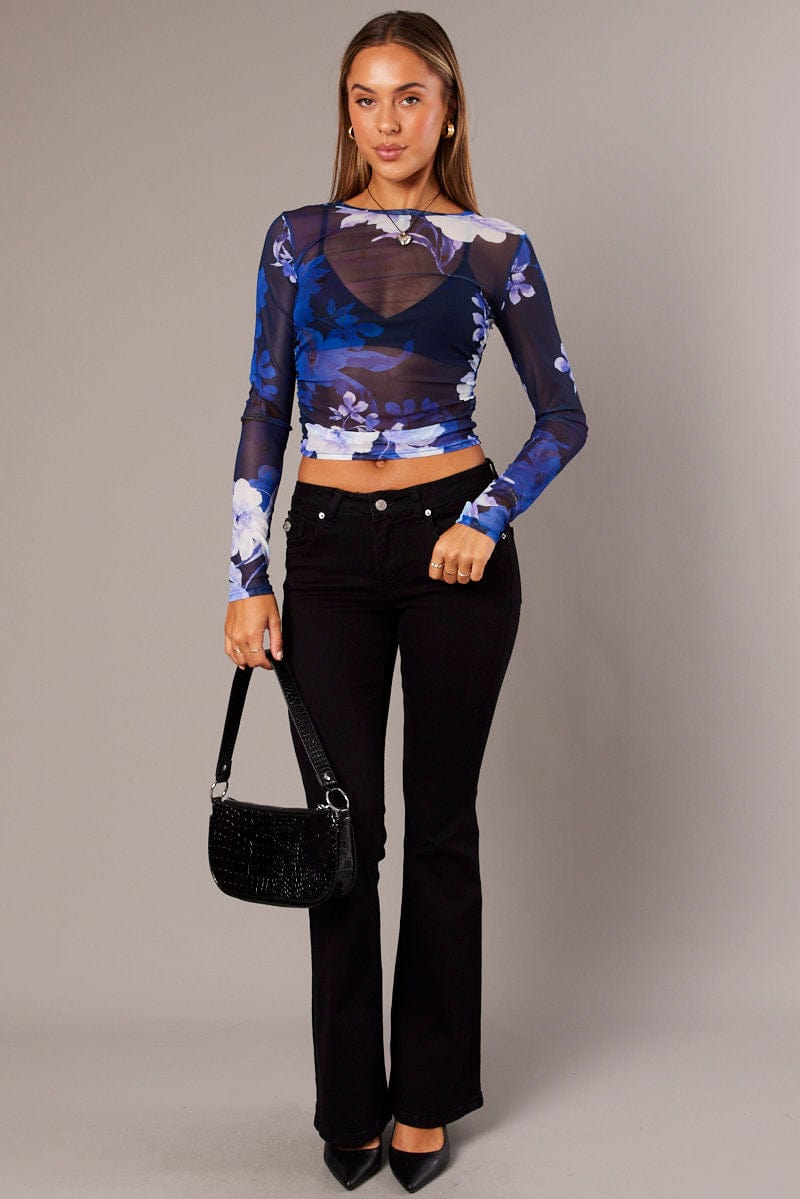 Blue Floral Mesh Top Long Sleeve Side Rushed for Ally Fashion