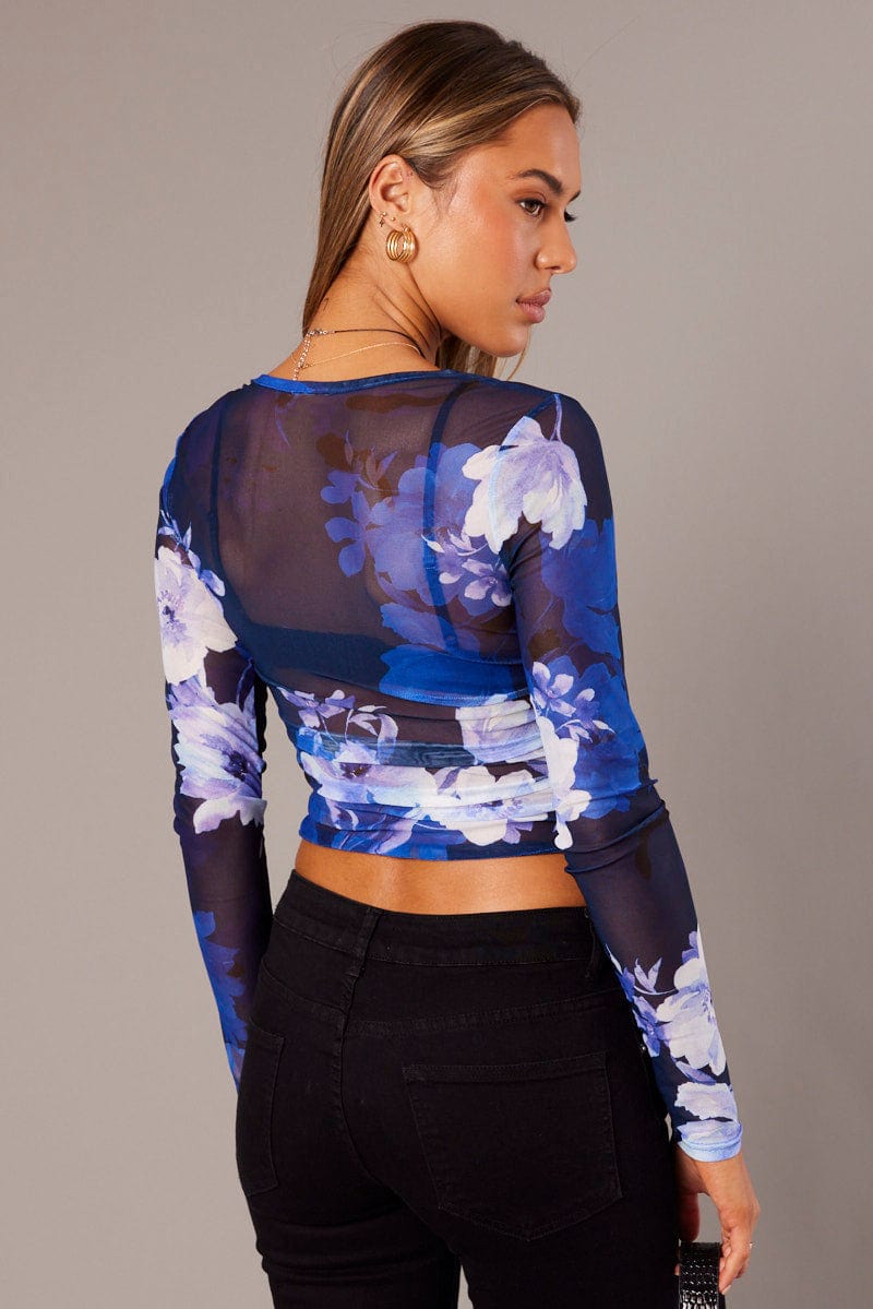 Blue Floral Mesh Top Long Sleeve Side Rushed for Ally Fashion