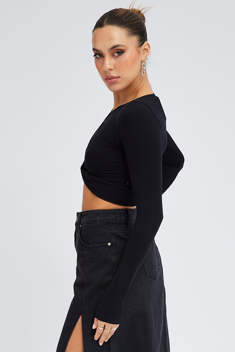 Black Cut Out Top Long Sleeve Crew Neck Seamless for Ally Fashion
