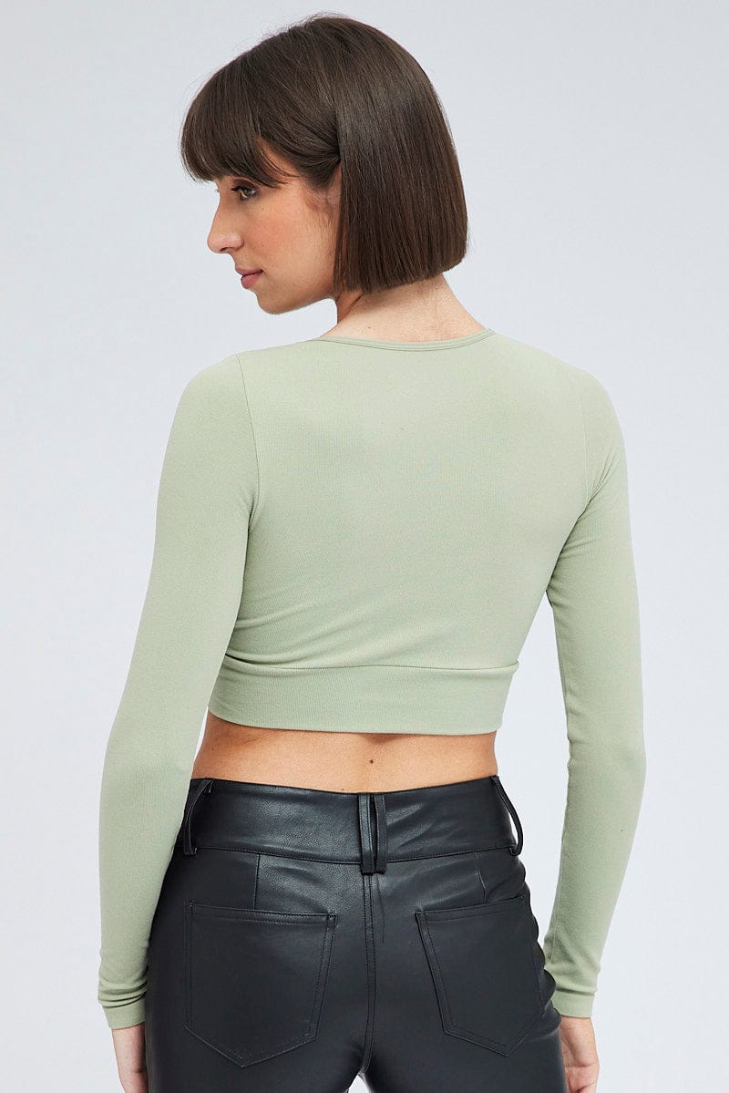 Green Cut Out Top Long Sleeve Crew Neck Seamless for Ally Fashion