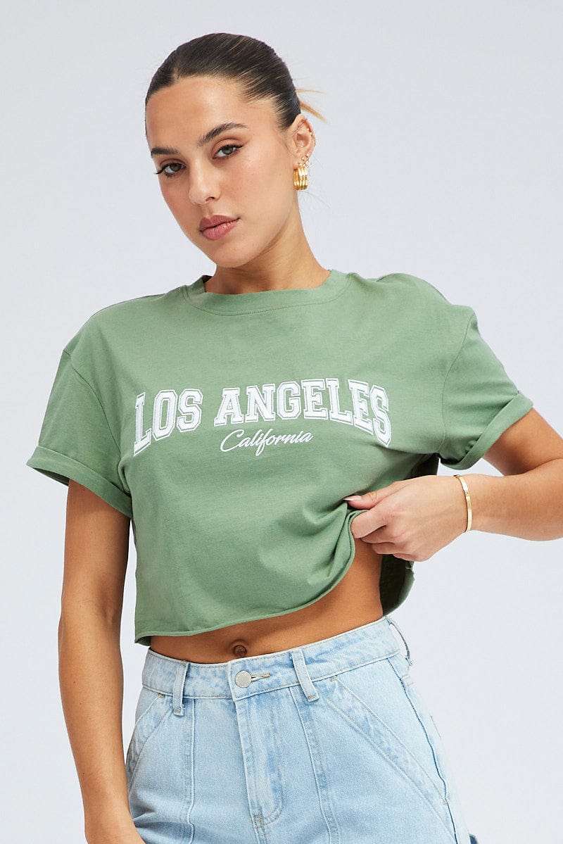 Green Graphic T Shirt Short Sleeve Crew Neck for Ally Fashion