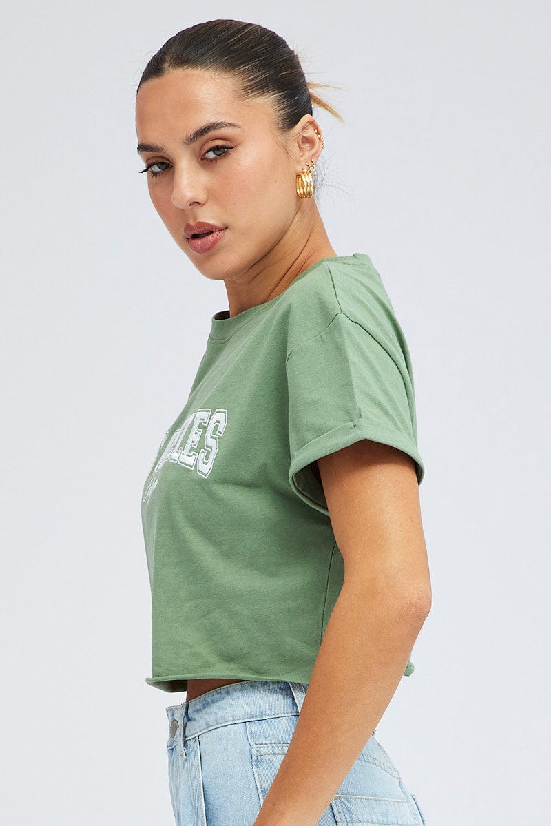 Green Graphic T Shirt Short Sleeve Crew Neck for Ally Fashion