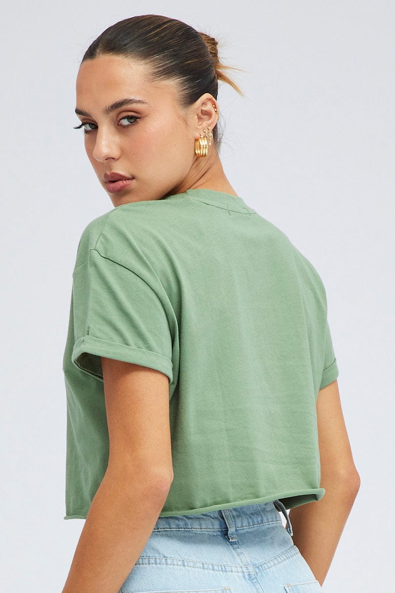 Green Graphic T Shirt Short Sleeve Crew Neck for Ally Fashion