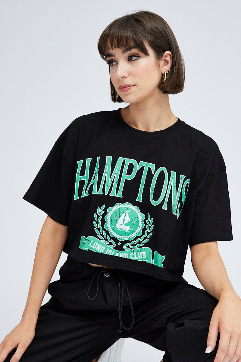 Black Graphic Crop T Shirt Short Sleeve Crew Neck for Ally Fashion