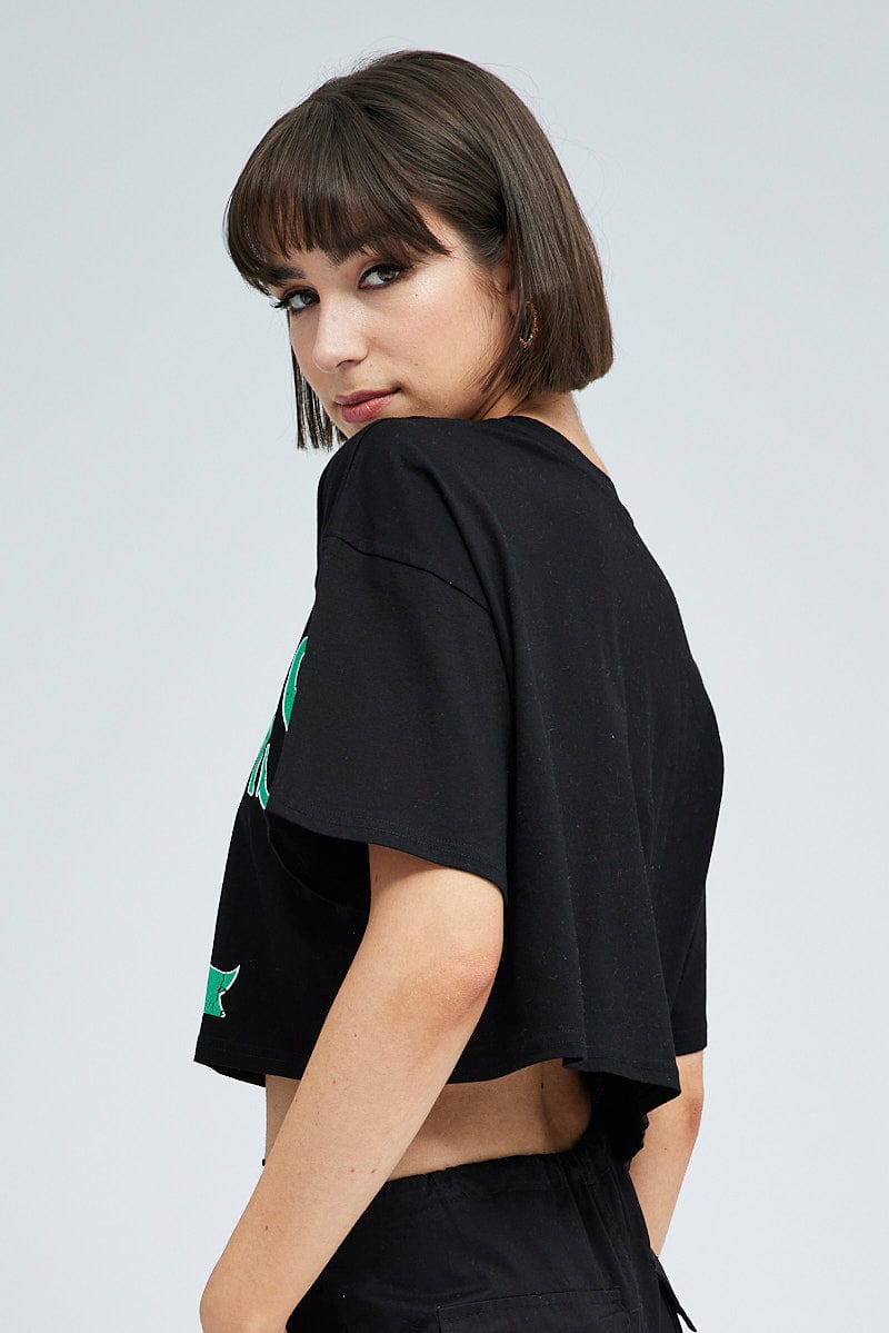 Black Graphic Crop T Shirt Short Sleeve Crew Neck for Ally Fashion