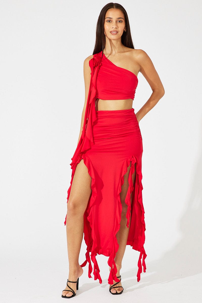 Red Crop Top One Shoulder Rose Ruffle Flower | Ally Fashion