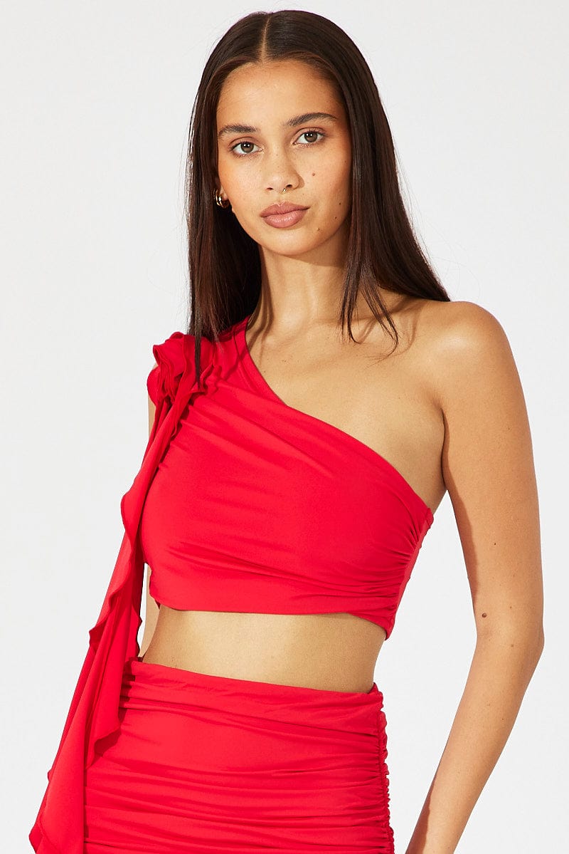 Red Crop Top One Shoulder Rose Ruffle Flower for Ally Fashion