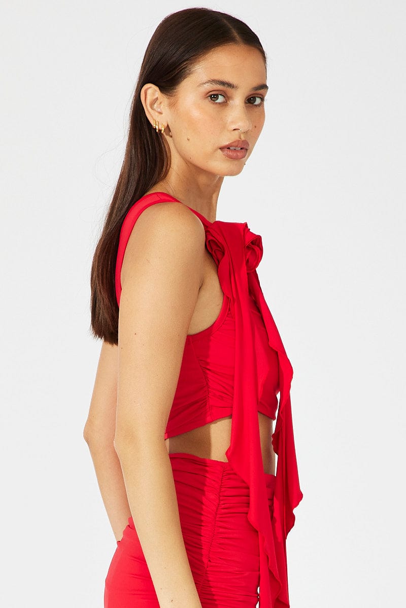 Red Crop Top One Shoulder Rose Ruffle Flower | Ally Fashion