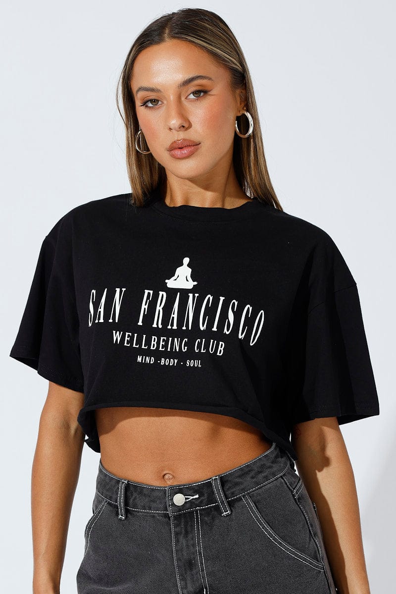 Black Graphic Tee Health Club. Slogan Crop T-Shirt for Ally Fashion
