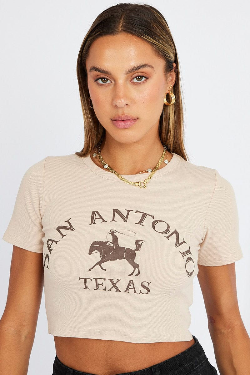 Beige Graphic Tee Cowboy Texas western Crop Baby T-shirt for Ally Fashion