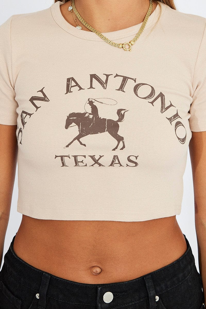 Beige Graphic Tee Cowboy Texas western Crop Baby T-shirt for Ally Fashion