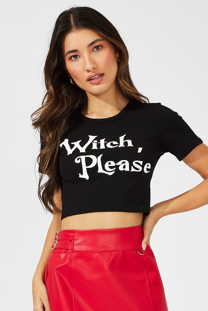 Black Halloween Tee Witch Slogan Crop Baby Tshirt for Ally Fashion