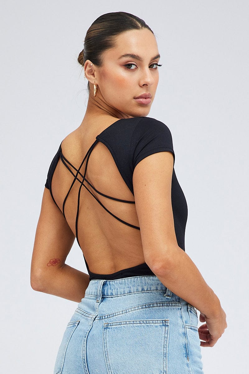 Black Open Back Bodysuit Strappy Short Sleeve for Ally Fashion