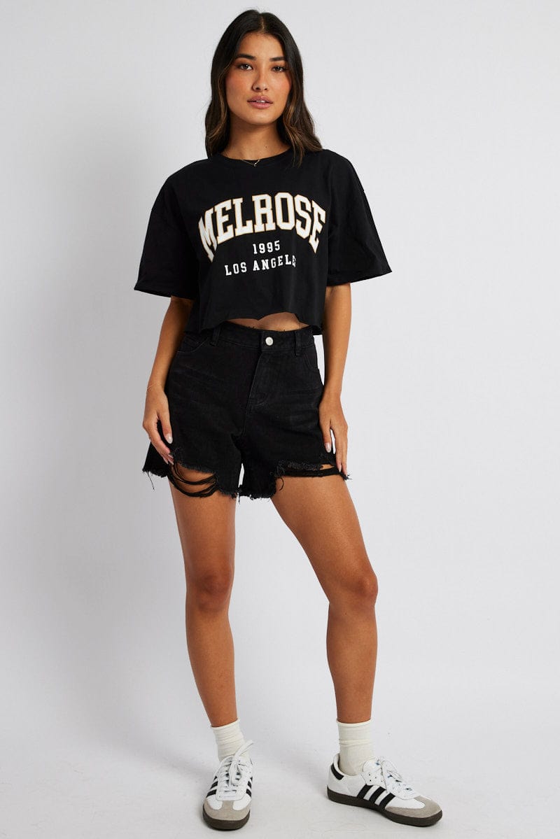 Black Graphic Tee Crop Melrose Slogan t-shirt for Ally Fashion