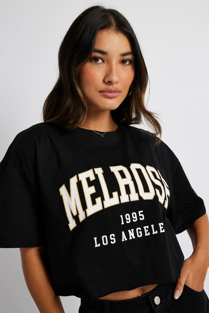 Black Graphic Tee Crop Melrose Slogan t-shirt for Ally Fashion