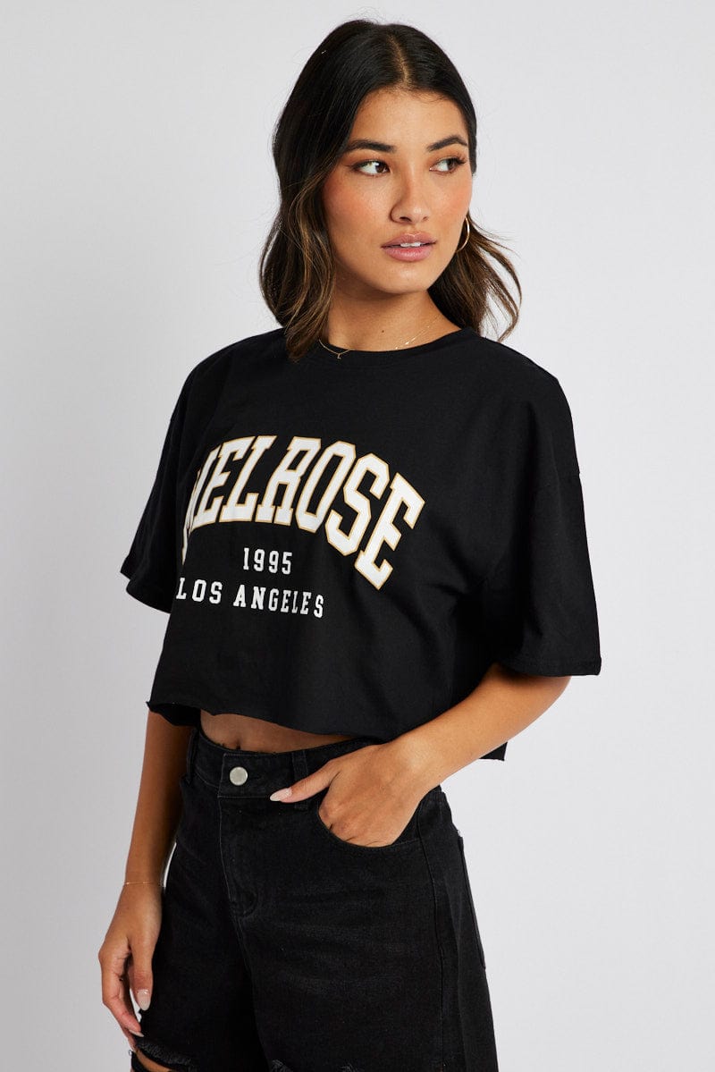 Black Graphic Tee Crop Melrose Slogan t-shirt for Ally Fashion