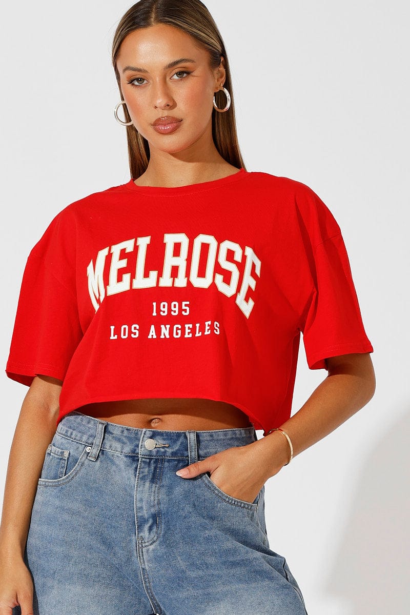 Red Graphic Tee Crop Melrose Slogan t-shirt for Ally Fashion