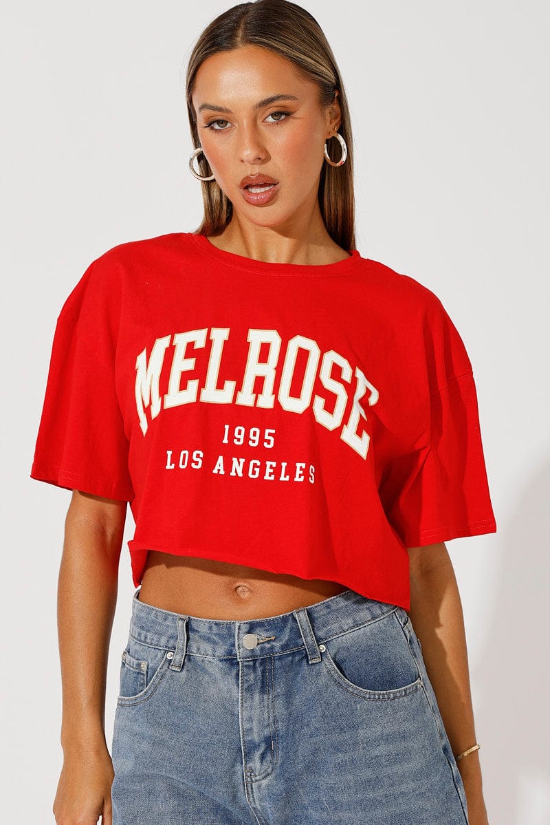 Red Graphic Tee Crop Melrose Slogan t-shirt for Ally Fashion