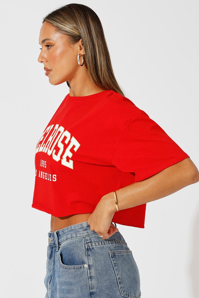 Red Graphic Tee Crop Melrose Slogan t-shirt for Ally Fashion