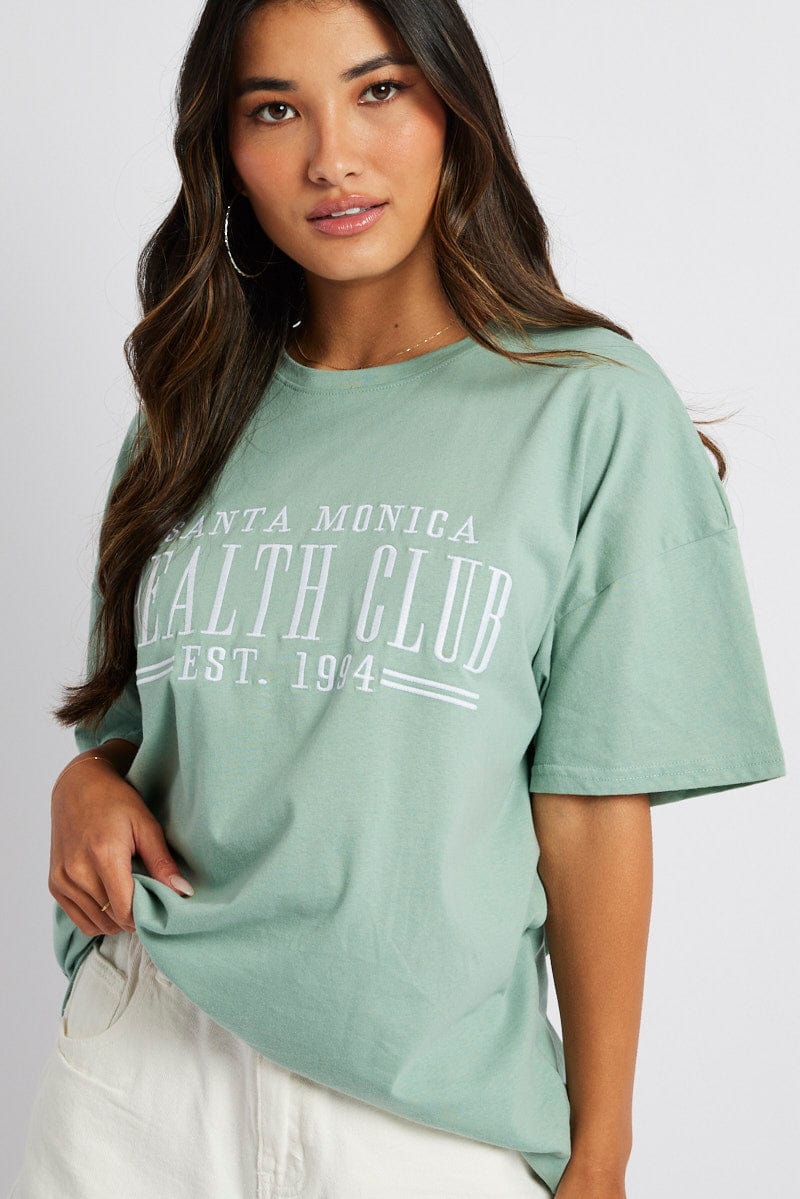 Green Graphic Tee Health Club Embroidery Slogan T-shirt for Ally Fashion