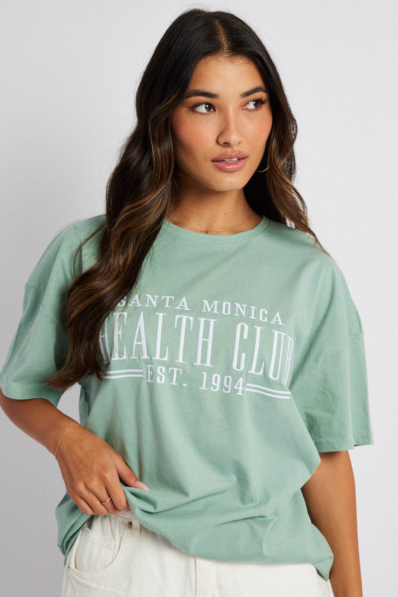 Green Graphic Tee Health Club Embroidery Slogan T-shirt for Ally Fashion