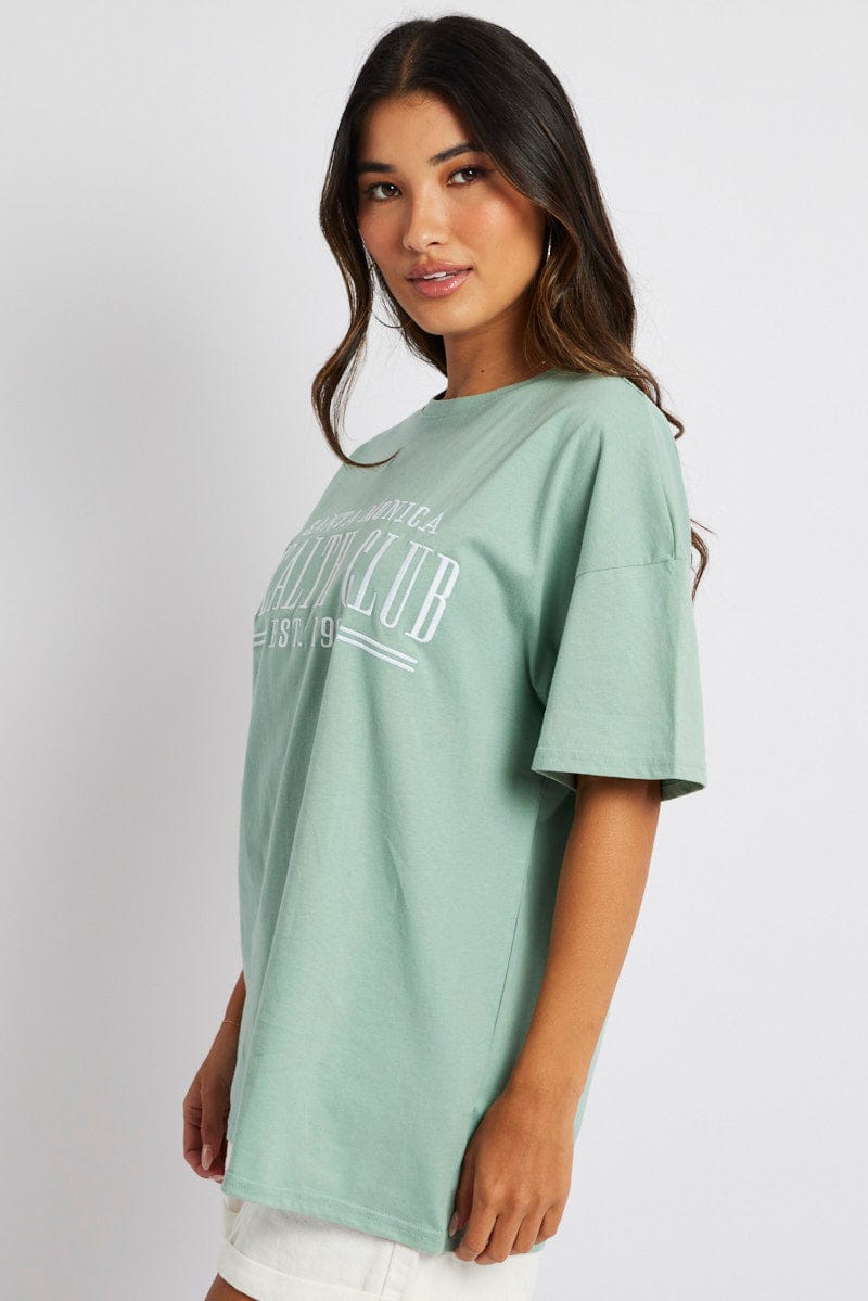 Green Graphic Tee Health Club Embroidery Slogan T-shirt for Ally Fashion