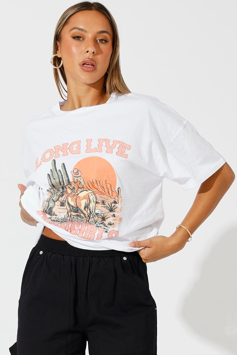 White Graphic Tee Western Cowgirl Oversized T-shirt for Ally Fashion
